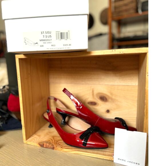 Marc Jacobs Red Patent Leather Sling Back Kitten Heels Size EU 37.5 = US 7 - Picture 3 of 15